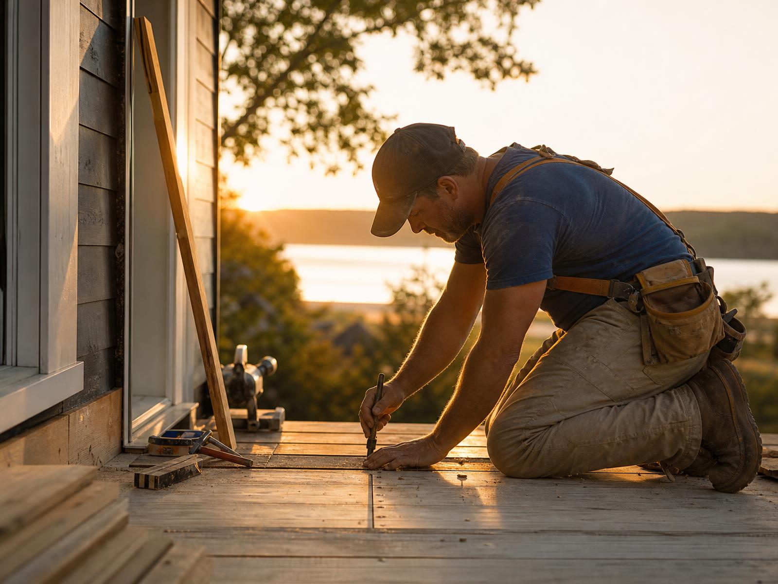 Independent tradesman carefully working on a residential deck at golden hour, tools nearby and craftsmanship in focus