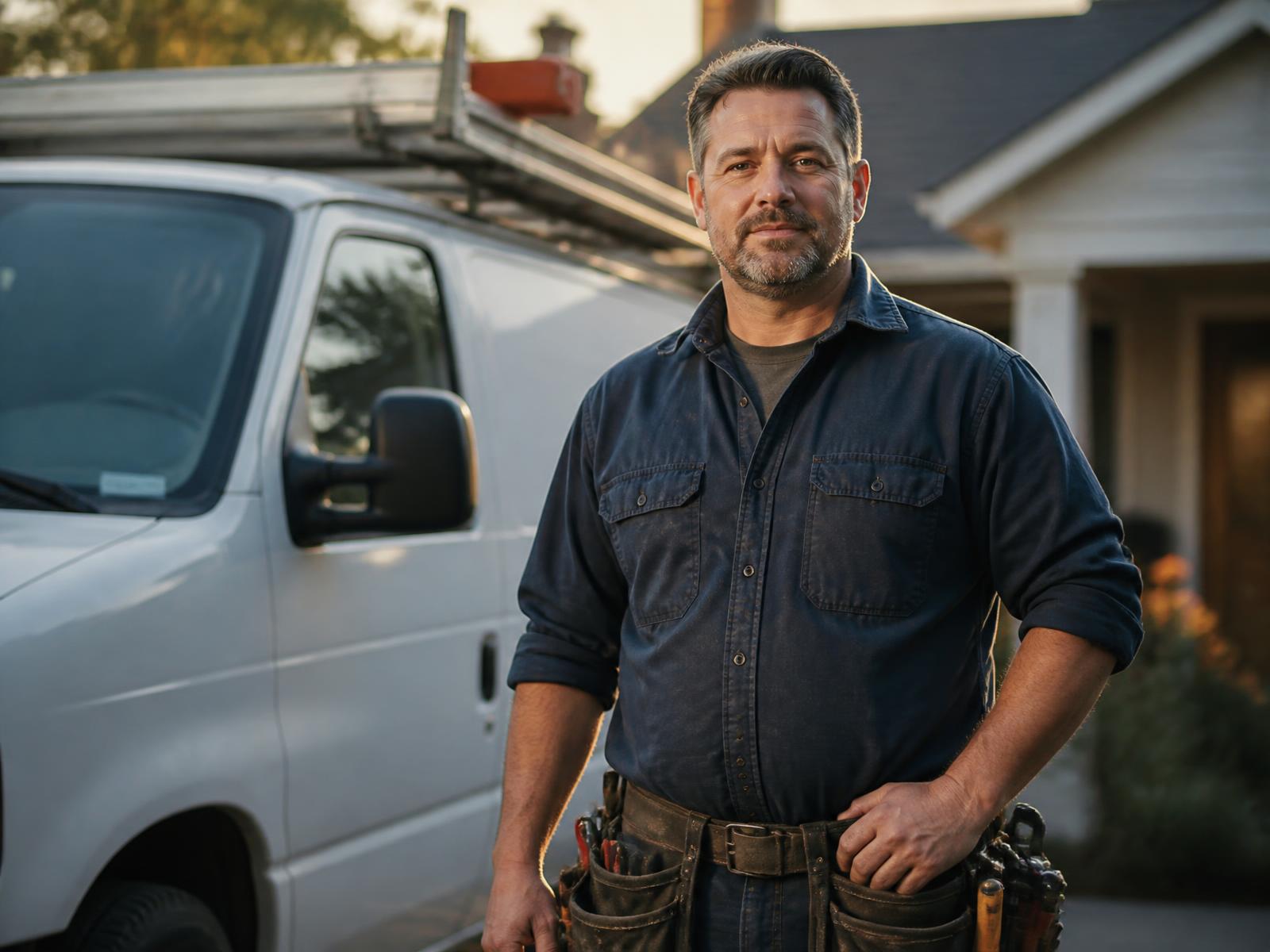 Independent tradesman standing beside his work van outside a home at golden hour